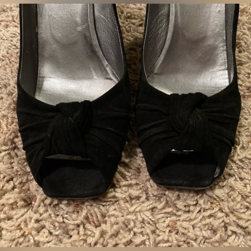 Prada Y2K Black Suede Peep Toe Wedge Pumps Square Toe Leather IT 40 US 9.5-10 - Picture 6 of 13